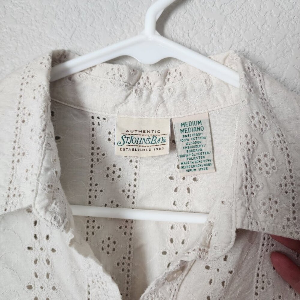 ST JOHNS BAY VINTAGE 90s crochet button front blouse cottagecore M - Picture 4 of 6